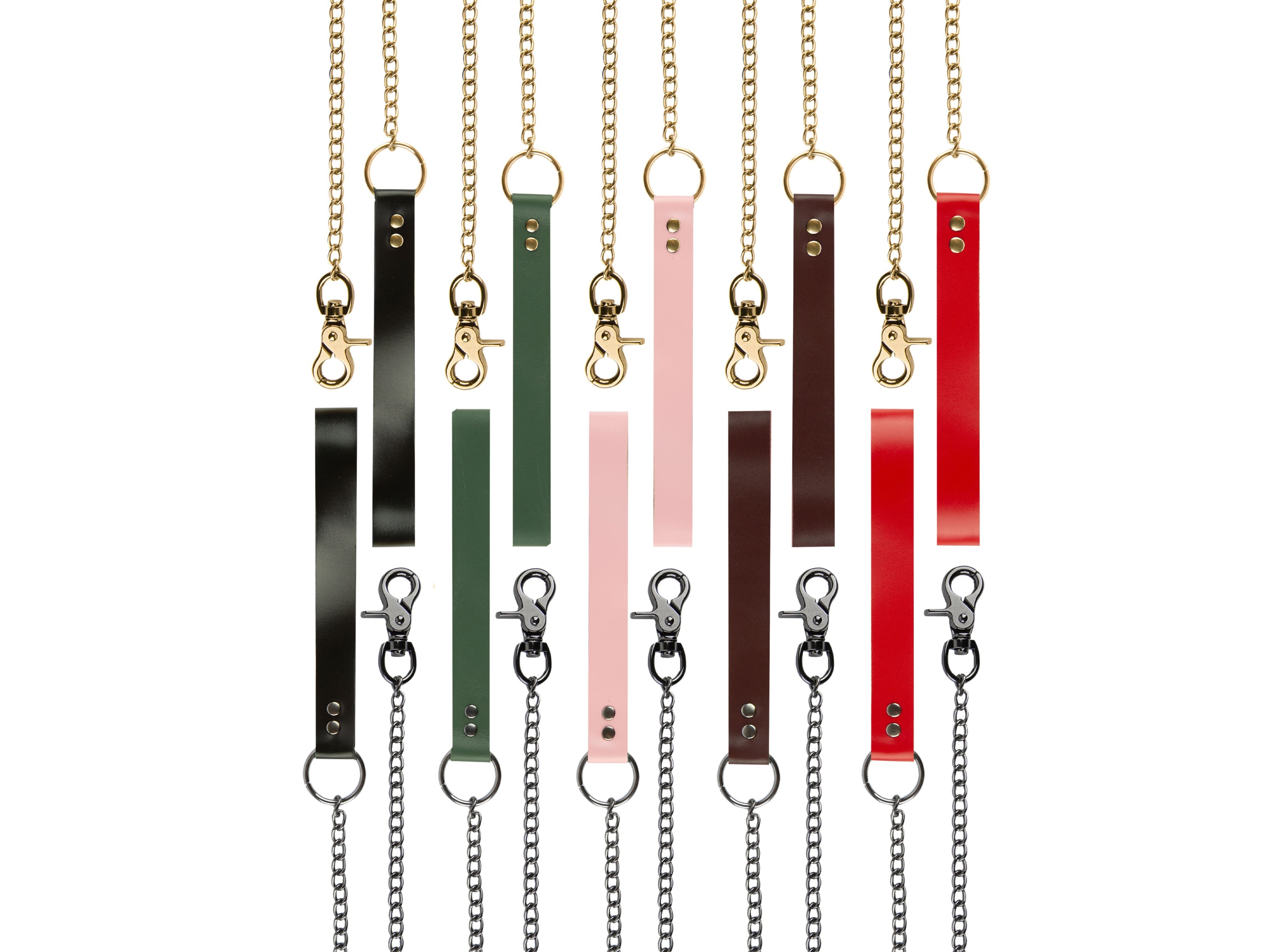 BDSM leather leashes with metal chains and hardware. Displaying all leather colors: black, green, pink, marsala, red, and 2 hardware colors: dark nickel and gold. BDSM leather leashes with metal chains and hardware. Displaying all leather colors: black, green, pink, marsala, red, and 2 hardware colors: dark nickel and gold.