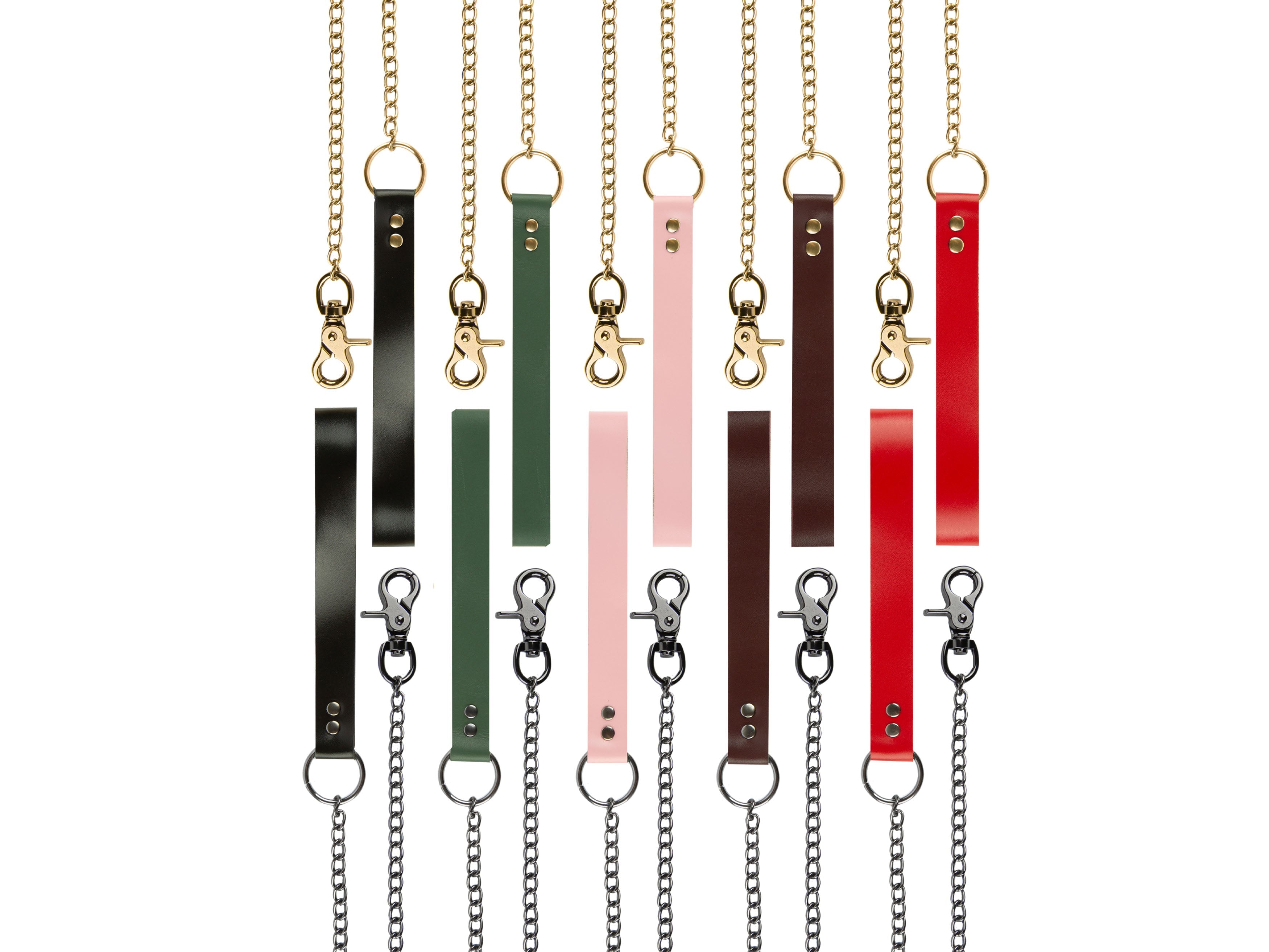 BDSM leather leashes with metal chains and hardware. Displaying all leather colors: black, green, pink, marsala, red, and 2 hardware colors: dark nickel and gold.