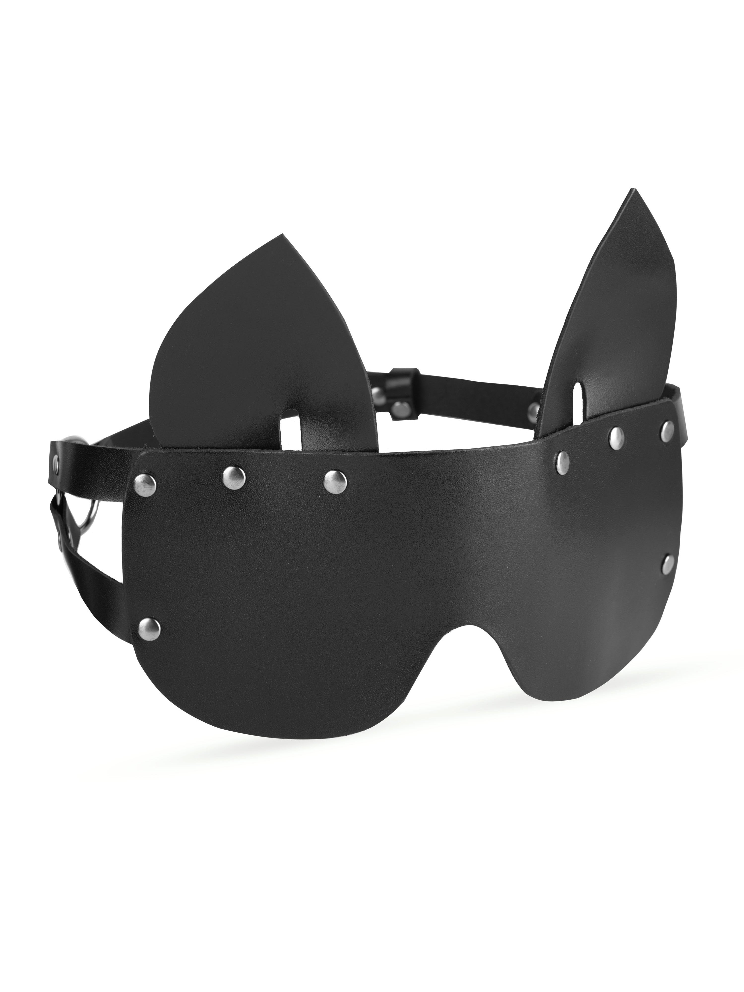 Wide close-up eye mask with cat ears. Made of genuine black leather with dark nickel hardware.