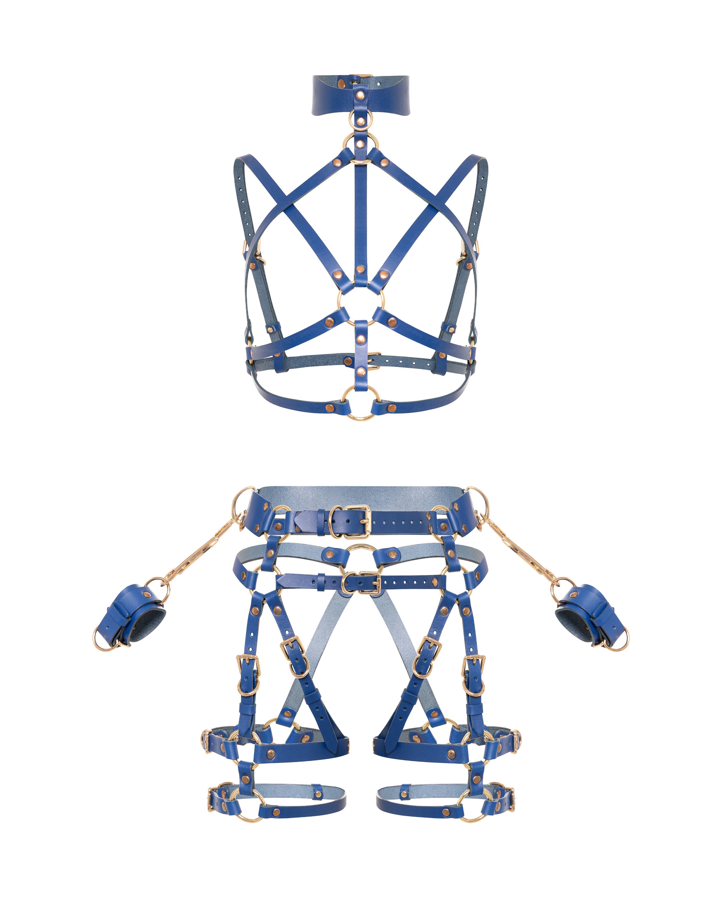 Pictured is a set of black leather full body harnesses with dark nickel hardware. The harnesses have an open bust and chain, open ass and crotchless garters, and the wrists are cuffed with connectors.
