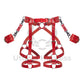 Leather belt with garters and cuffs fastened to the belt at the waist is made of red colored genuine leather and dark nickel colored metal hardware. The photo was taken in 3D to show each strap from the outside and inside. 
Front view. 