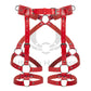 Leather garter belt is made of red-colored genuine leather and dark nickel-colored metal hardware. Photo is made in 3D to show each strap from both the outside and inside. 
Front view.
