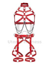 Leather harness with open bust and chains paired with a leather garter belt. Photographed in 3D. Shows how the straps look from the inside and outside. Red leather, dark nickel hardware. Front view.