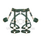 Leather belt with garters and cuffs fastened to the belt at the waist is made of green colored genuine leather and gold colored metal hardware. The photo was taken in 3D to show each strap from the outside and inside. 
Front view. 