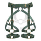 Leather garter belt is made of green-colored genuine leather and gold-colored metal hardware. Photo is made in 3D to show each strap from both the outside and inside. 
Front view.