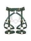 Leather garter belt is made of green-colored genuine leather and gold-colored metal hardware. Photo is made in 3D to show each strap from both the outside and inside. 
Front view.