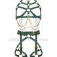 Leather harness with open bust and chains paired with a leather garter belt. Photographed in 3D. Shows how the straps look from the inside and outside. Green leather, gold hardware. Front view.