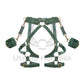 Leather belt with garters and cuffs fastened to the belt at the waist is made of green colored genuine leather and gold colored metal hardware. The photo was taken in 3D to show each strap from the outside and inside. 
Back view. 