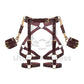 Leather belt with garters and cuffs fastened to the belt at the waist is made of marsala colored genuine leather and gold colored metal hardware. The photo was taken in 3D to show each strap from the outside and inside. 
Front view. 