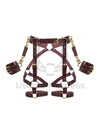 Leather belt with garters and cuffs fastened to the belt at the waist is made of marsala colored genuine leather and gold colored metal hardware. The photo was taken in 3D to show each strap from the outside and inside. 
Front view. 