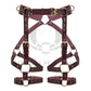 Leather garter belt is made of marsala-colored genuine leather and gold-colored metal hardware. Photo is made in 3D to show each strap from both the outside and inside. 
Front view.