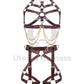 Leather harness with open bust and chains paired with a leather garter belt. Photographed in 3D. Shows how the straps look from the inside and outside. Marsala leather, gold hardware. Front view.