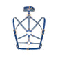 Rear view of a deep blue open woven leather chest harness with a wide wave-shaped collar, adjustable back straps, buckle fastening, thin chest straps, and gold-tone metal hardware.