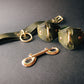 Green leather collar with gold hardware on a dark gray background