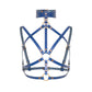 Front close-up of a deep blue open woven leather chest harness with a wide wave-shaped collar, small O-ring, center ring between the breasts, thin adjustable straps, and gold-tone metal hardware.
