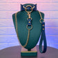 Blue collar with gold chain on a green mannequin against a textured purple wall.
