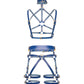 Rear view of the Torquea leather set showing the wave-shaped collar, open back construction of the chest harness, leather butt harness with a wide waist belt, adjustable hip belt, Y-shaped rear straps, double thigh straps, and side D-rings.