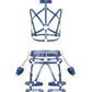 Front view of the Torquea leather BDSM set featuring an open interlaced chest harness with a wave-shaped collar and front O-ring, a leather butt harness with a wide waist belt, adjustable hip belt, double thigh straps, detachable handcuffs connected with metal snap hooks, and a removable handle.