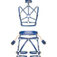 Rear view of the Torquea leather BDSM set showing the open back construction of the chest harness, wave-shaped collar, leather butt harness with Y-shaped rear straps, wide waist belt, adjustable hip belt, double thigh straps, detachable handcuffs connected with metal snap hooks, and a removable handle.