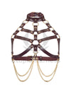Chest harnesses with open bust and chains. Front view on an invisible mannequin. Demonstrates how the harness will sit on the body. Gold hardware, marsala leather.