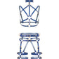 Front view of the Torquea leather set with an open interlaced chest harness, wave-shaped collar with front O-ring, leather butt harness with a wide waist belt, adjustable hip belt, rear support straps, double thigh straps, and side D-rings.