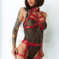 Leather harness with open bust and chains paired with a leather garter belt. The harness is worn on the model, shown as the straps follow the contour of the breasts. And how the harnesses buckle at the hips and waist.
Red leather, dark nickel colored hardware. Front view.