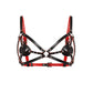 Close front view of a contour chest harness with removable cup covers, center ring, adjustable leather straps, black leather with red edges, buckle fastenings, Chicago screws, and dark nickel hardware.