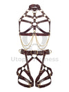 Leather harness with open bust and chains paired with leather garter belt with open butt and crotchless. Photographed on an invisible mannequin, showing how each harness will sit on the figure. Marsala leather, gold hardware. Front view.