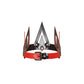 Close view of a leather cone crown with five pointed cone elements, a wide adjustable base strap, black leather with red edges, and dark nickel hardware.