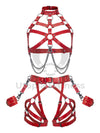 Leather harness with open bust and chains paired with leather garter belt open butt and crotchless. Photographed on an invisible mannequin, showing how each harness will sit on the figure. Red leather, dark nickel hardware. Front view