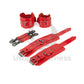 Red leather handcuffs and ankle cuffs with two connectors and carabiners. One handcuff and ankle cuff clasped, the other unclasped to show the difference in length. Dark nickel hardware.
