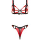 Rear view of the Tempta contour lingerie set. The leather contour bra has adjustable shoulder straps, a back strap, and an underbust strap with buckle closures. The leather thong has a smaller rear leather panel, adjustable side waist straps, buckle closures, and metal rings.