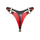 Rear view of the leather thong. The thong consists of a smaller rear leather panel, an adjustable center strap, two side waist straps with buckle adjustment, and metal rings on both sides.
