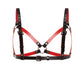 Rear view of a leather open bra in black and red genuine leather. The bra features crossed leather straps connected to a center O-ring, adjustable shoulder straps, side straps, and a buckle-adjusted back band.