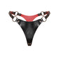 Front view of a leather open bra in black and red genuine leather. The bra features an open construction with 5/8 inch (1.5 cm) and 3/4 inch (2 cm) leather straps, an O-ring center connector, adjustable shoulder straps, side straps, and a buckle-adjusted back band.