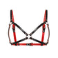 Front view of a leather open bra in black and red genuine leather. The bra features an open construction with 5/8 inch (1.5 cm) and 3/4 inch (2 cm) leather straps, an O-ring center connector, adjustable shoulder straps, side straps, and a buckle-adjusted back band.