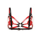 Back view of a contour chest harness with adjustable buckle straps, crossed rear straps, black leather with red edges, and dark nickel hardware.