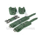 Green leather handcuffs and ankle cuffs with two connectors and carabiners. One handcuff and ankle cuff clasped, the other unclasped to show the difference in length. Dark nickel hardware.
