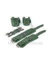 Green leather handcuffs and ankle cuffs with two connectors and carabiners. One handcuff and ankle cuff clasped, the other unclasped to show the difference in length. Dark nickel hardware.