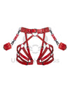 Leather garter belt with open butt and crotchless harness. With handcuffs fastened to D-rings. Front view on invisible mannequin. Demonstrates how the harness will sit on the body. Dark nickel hardware, red leather.