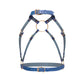 Rear view of a deep blue open bust leather harness with a wide choker, adjustable back straps, side waist rings, rear buckle strap, and gold-tone metal hardware.