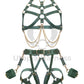 Leather harness with open bust and chains paired with leather garter belt open butt and crotchless. Photographed on an invisible mannequin, showing how each harness will sit on the figure. Green leather, gold hardware. Front view