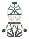 Leather harness with open bust and chains paired with leather garter belt open butt and crotchless. Photographed on an invisible mannequin, showing how each harness will sit on the figure. Green leather, gold hardware. Front view