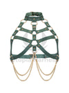 Chest harnesses with open bust and chains. Front view on an invisible mannequin. Demonstrates how the harness will sit on the body. Gold hardware, green leather.