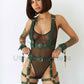 Wide chest harness with bondage garters with handcuffs attached to the garters with D-rings. Front view. Green leather. Gold-tone hardware.