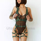 Wide chest harness with bondage garters belt on the model. Front view. Green leather. Gold hardware.