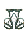 Leather garter belt with open butt and crotchless. Front view on an invisible mannequin. Demonstrates how the harness will sit on the body. Gold hardware, green leather.