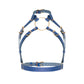 Front view of a deep blue open bust leather harness with a wide choker, large center ring, adjustable straps, front underbust belt, side waist rings, and gold-tone metal hardware.