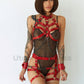 Red Leather Thigh Harness with Handcuffs