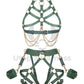 Leather harness with open bust and chains paired with leather garter belt open butt and crotchless. Photographed on an invisible mannequin, showing how each harness will sit on the figure. Green leather, gold hardware. Front view